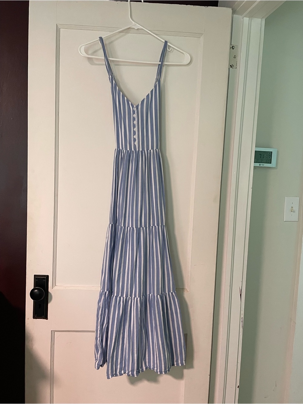 Old Navy Blue and White Striped Tiered Maxi Dress. Crossed straps in back.